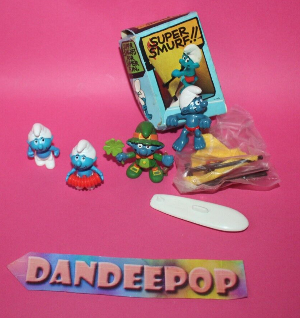 Vintage Schleich Peyo Super Smurf Windsurfer With Box Lucky Shamrock 1980's ++